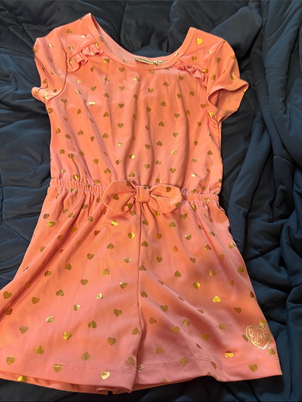 Body Glove pink Romper with Metallic Gold Hearts and Bow